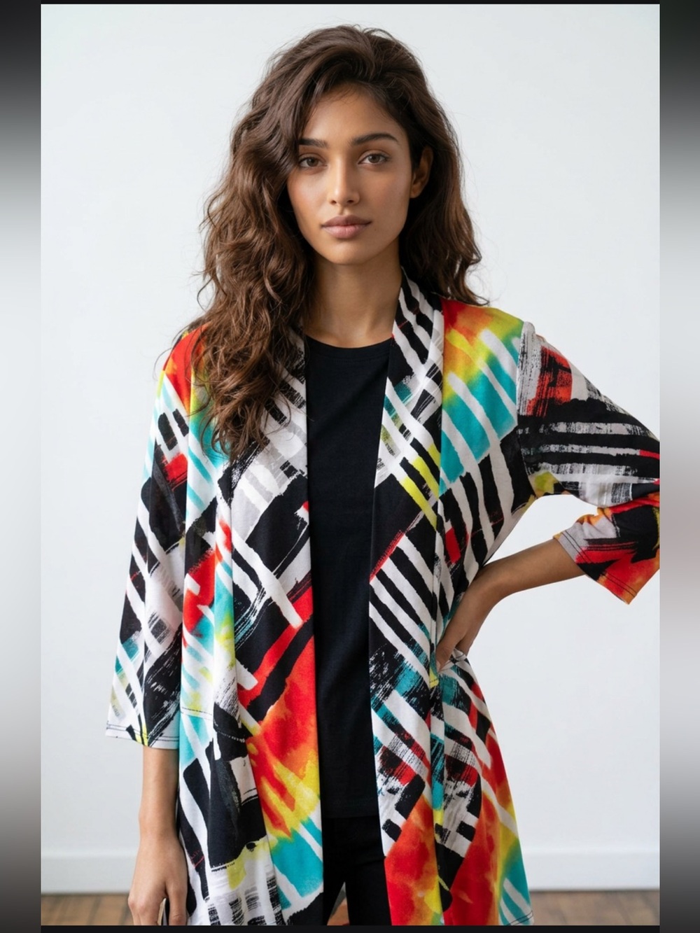 Frank Lyman Vibrant Abstract Print Open Cardigan